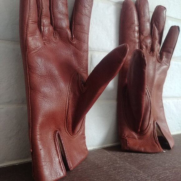 Vintage made in Italy lambskin leather rabbit fur lining brown warm gloves 7 1/2 - Picture 2 of 12